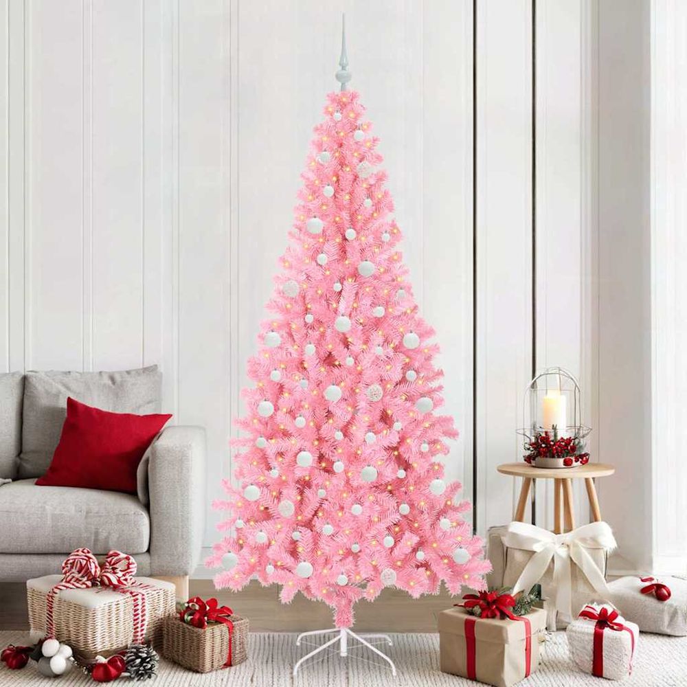 Kit sapin de noël rose 2.1m, prêt à décorer avec lumières et 120 accessoires