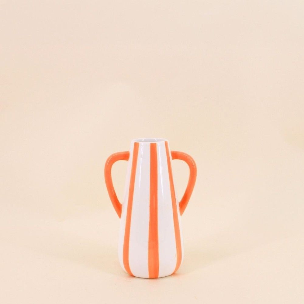 Vase en céramique rayé orange, blanc 2 anses, h18cm