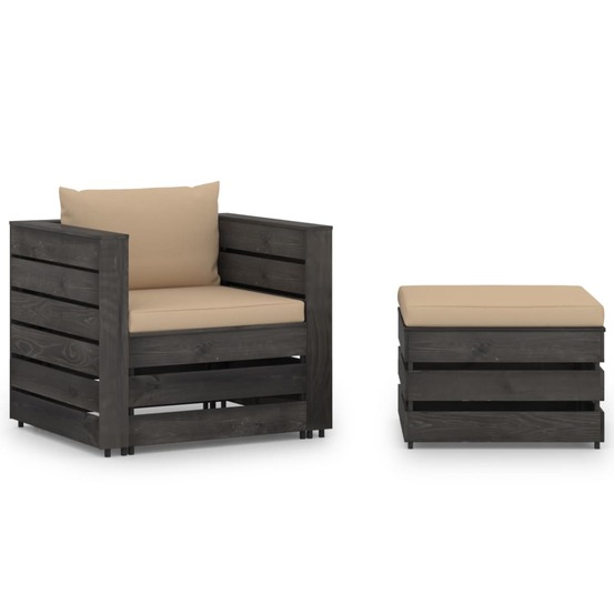 Salon de jardin meuble d'extérieur ensemble de mobilier 2 pièces avec coussins bois imprégné de gris