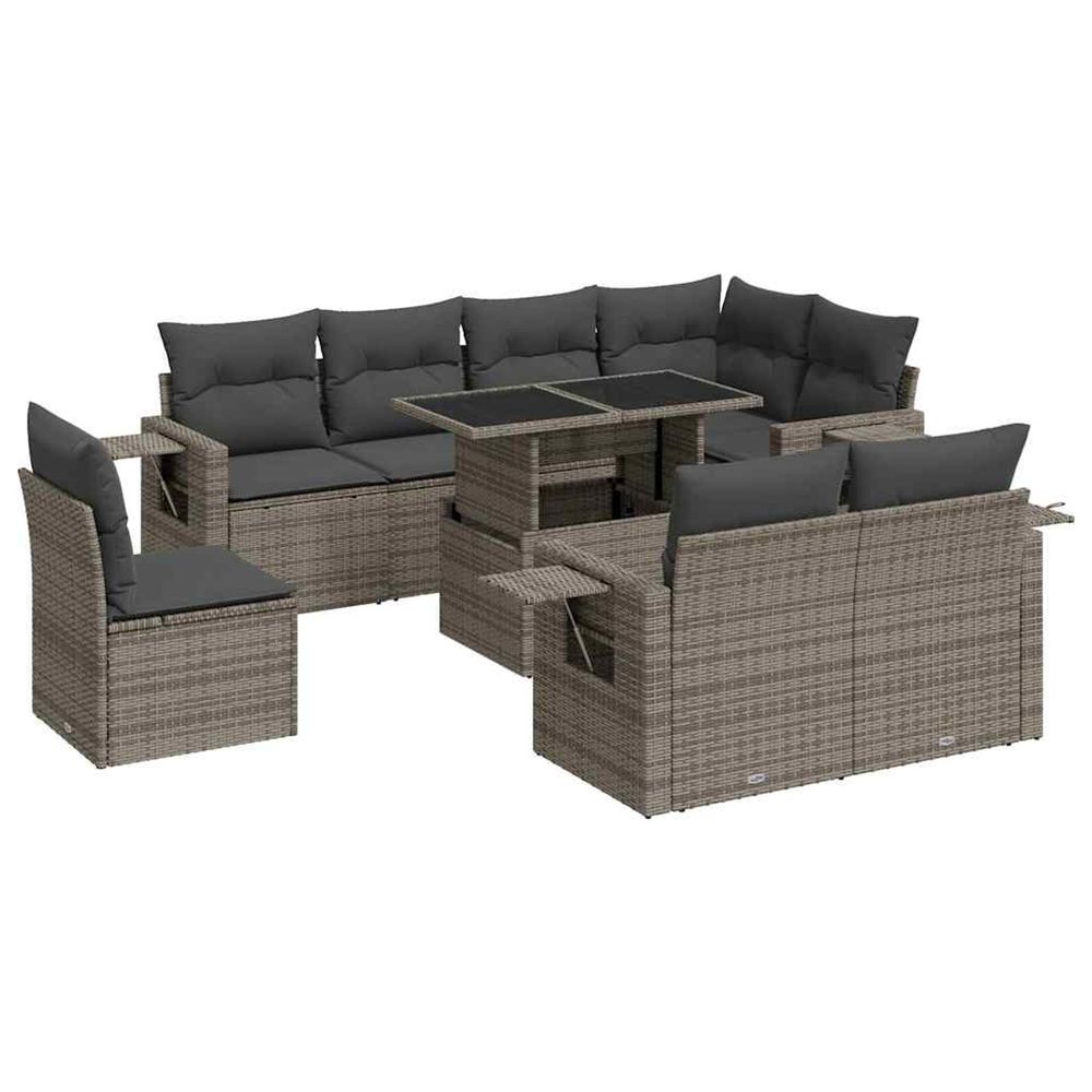 Salon de jardin 9 pcs avec coussins gris résine tressée