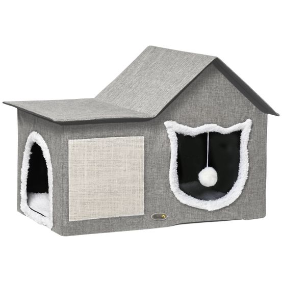 Maisonnette pour chat avec griffoir en sisal intérieur espace sieste balle 65x41x45cm gris