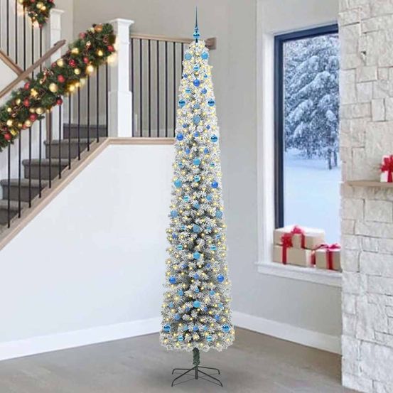 Sapin artificiel conique très grande hauteur 270 cm, illuminé par 300 led et décoré de 120 boules, facile à monter
