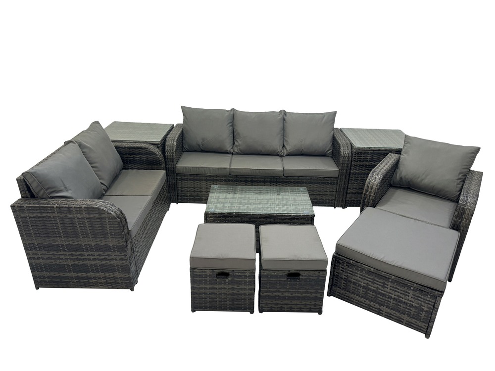 Ensemble de meubles de jardin en polyrotin 9 pièces avec table basse rectangulaire canapé d'amour 3 tabourets 2 tables d'appoint