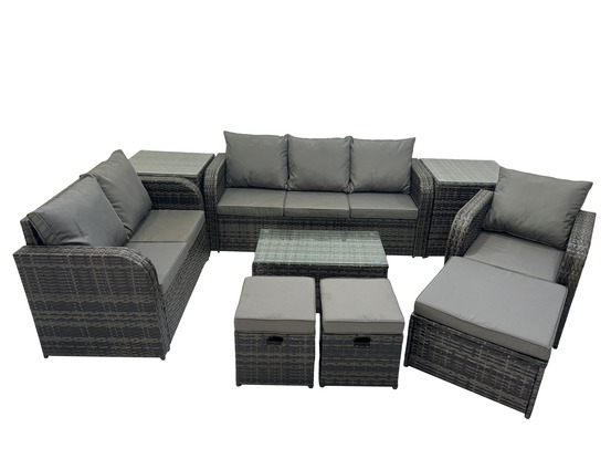 Ensemble de meubles de jardin en polyrotin 9 pièces avec table basse rectangulaire canapé d'amour 3 tabourets 2 tables d'appoint