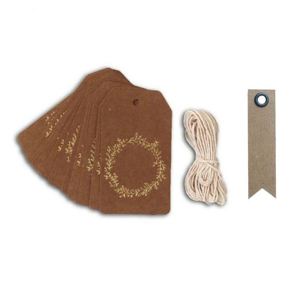 20 étiquettes kraft 8 cm couronne de fleurs dorée & ficelle + 20 étiquettes kraft fanion
