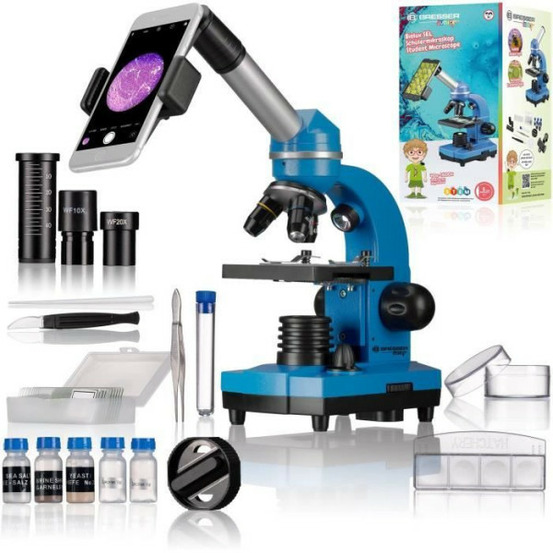 Microscope étudiant biolux sel - bresser junior - grossissement 40x-1600x - kit d'expérimentation - bleu