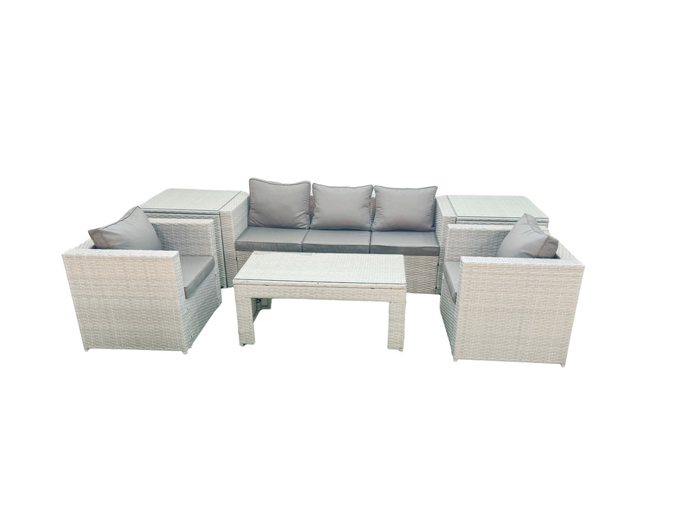 Salon de jardin 6 pièces canapé de jardin table basse oblongue avec 2 chaises 2 tables d'appoint gris clair mixte