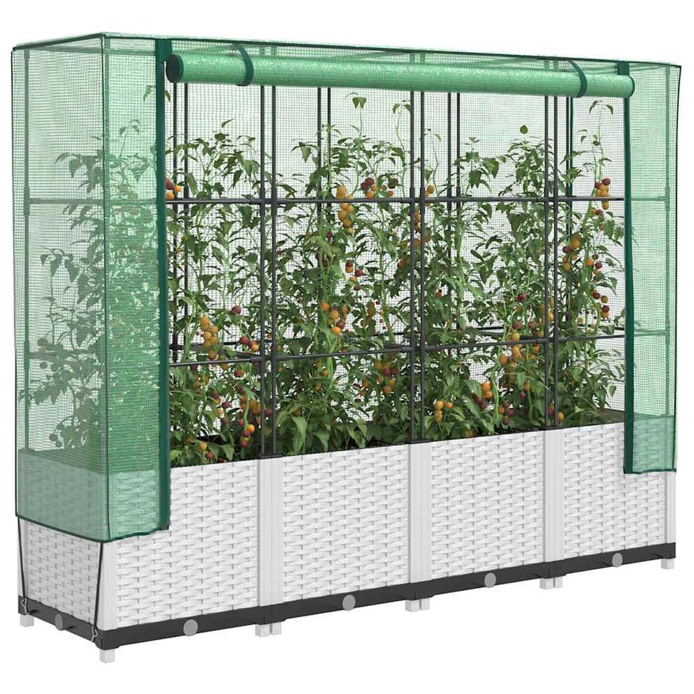 Carré potager surélevé 160cm avec serre, bac à fleurs aspect rotin blanc, h138cm pour balcon et terrasse