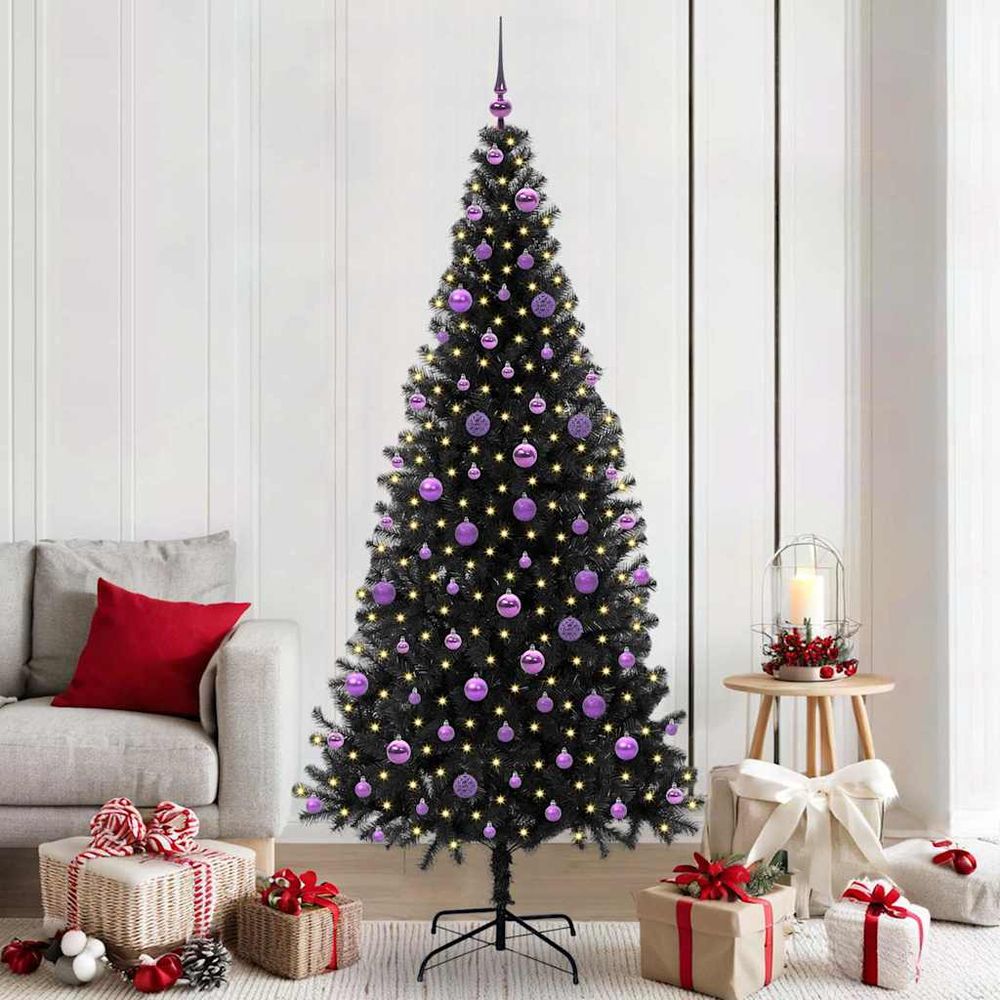 Grand sapin de noël noir moderne 210 cm, tout-en-un avec 300 led et kit de 120 boules