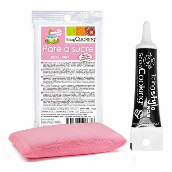 Pâte à sucre rose 100 g + stylo de glaçage noir