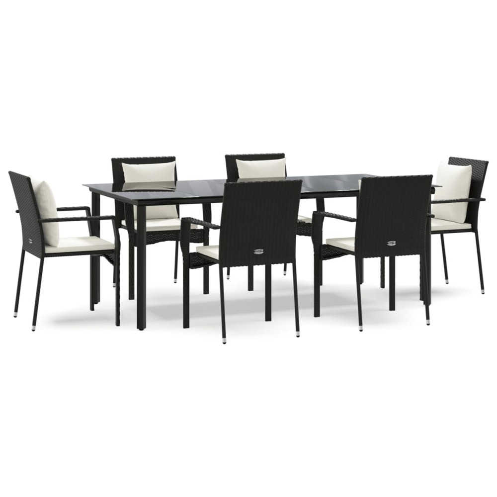 Ensemble à manger de jardin coussins 7pcs noir résine tressée