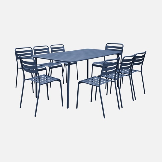 Table de jardin en métal + 8 chaises, traitement antirouille, lattes et bords arrondis