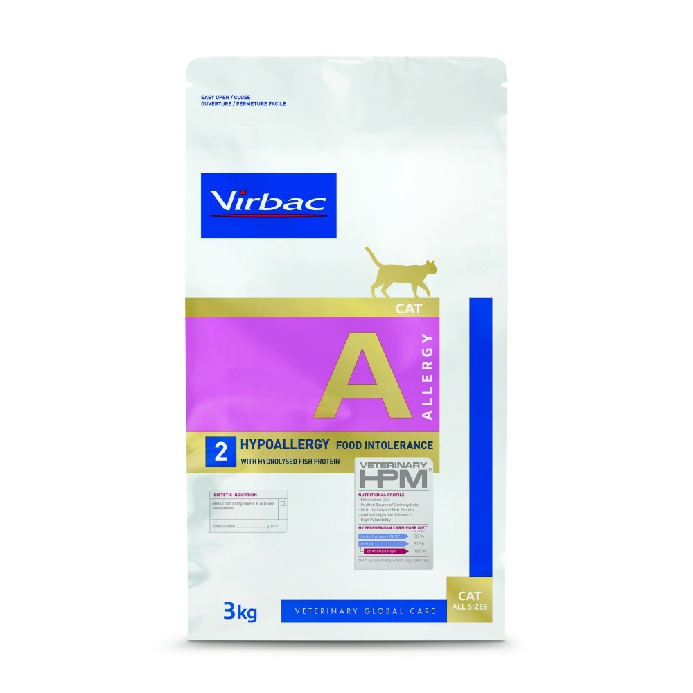 Croquettes chat veterinary hpm cat a2 allergy - virbac 3 kg