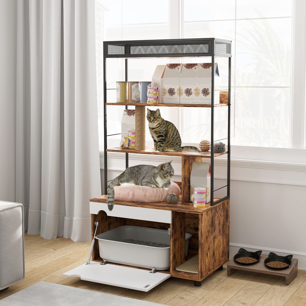 Meuble maison toilette chat bois étagère griffoir intégré 80x152cm marron