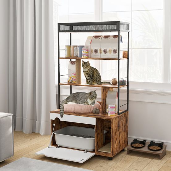 Meuble maison toilette chat bois étagère griffoir intégré 80x152cm marron