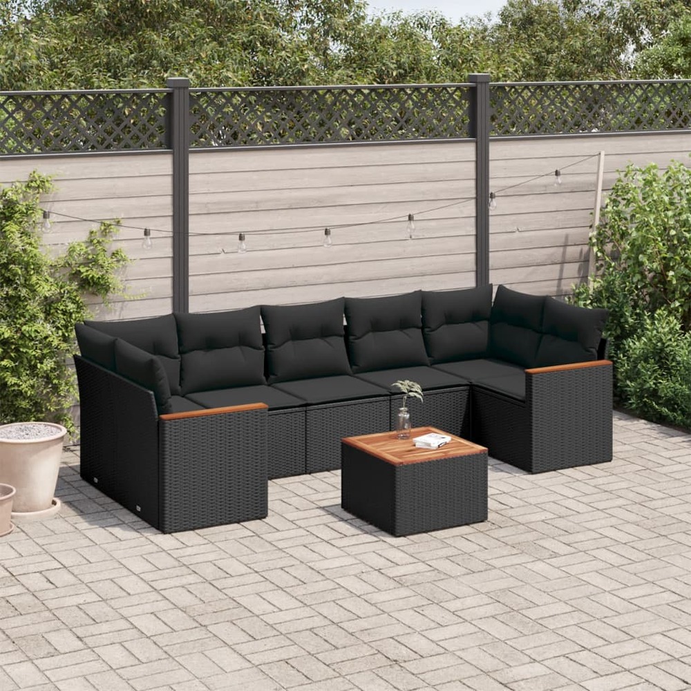 Salon de jardin 8 pcs avec coussins noir résine tressée