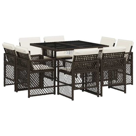 Ensemble à manger de jardin et coussins 9 pcs marron poly rotin