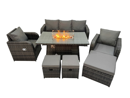 Ensemble de meubles de jardin en polyrotin table de foyer à gaz intérieur extérieur avec fauteuil 3 tabourets