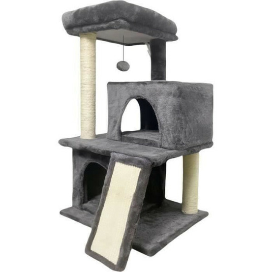 Flopi arbre a chat gris foncé- 44,5 x 48 x 86 cm - gris foncé - 1 plateforme, 1 balle de jeu, 2 niches, 1 rampe