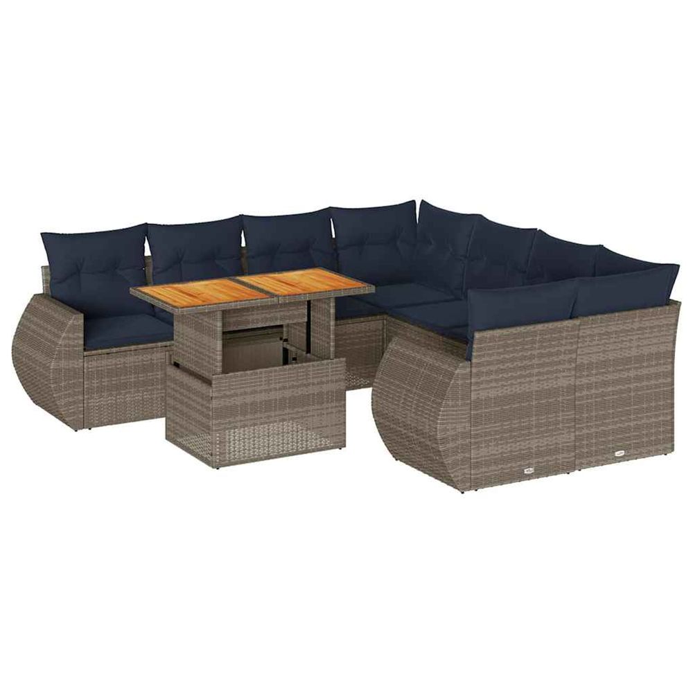 Salon de jardin 9 pcs avec coussins gris résine tressée