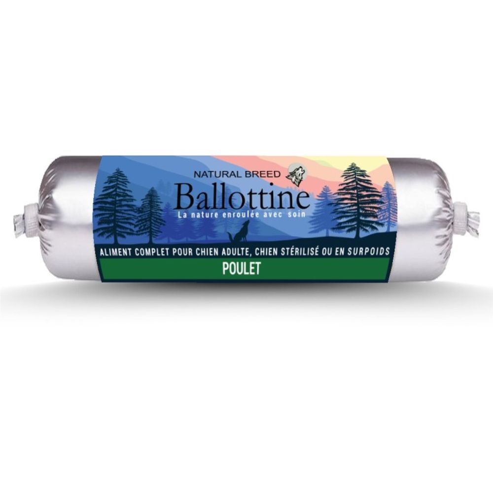 Ballottine fraîche au poulet – saucisse naturelle, repas humide complet pour chien adulte ou stérilisé – 800 g