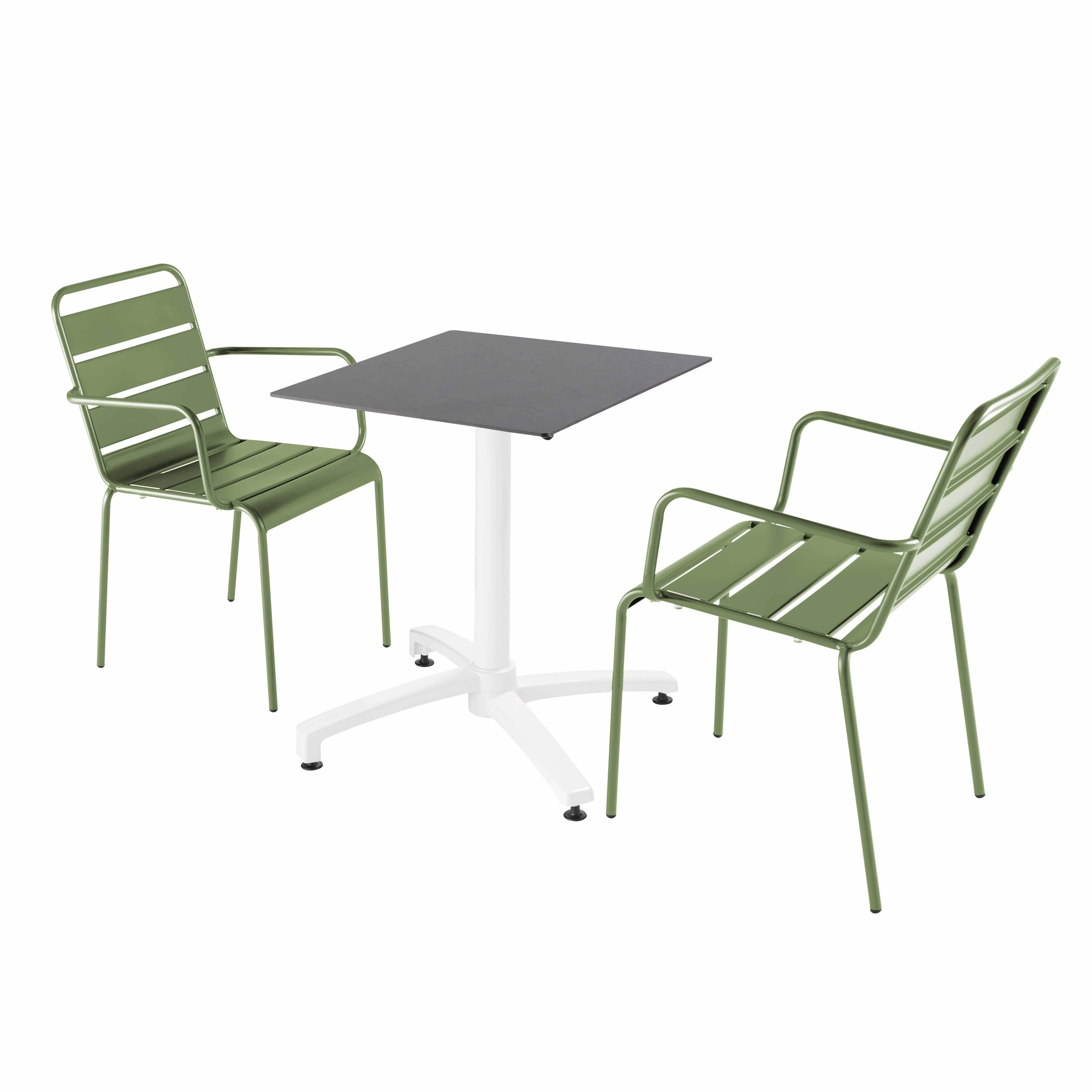 Ensemble table terrasse stratifié ardoise et 2 fauteuils vert cactus