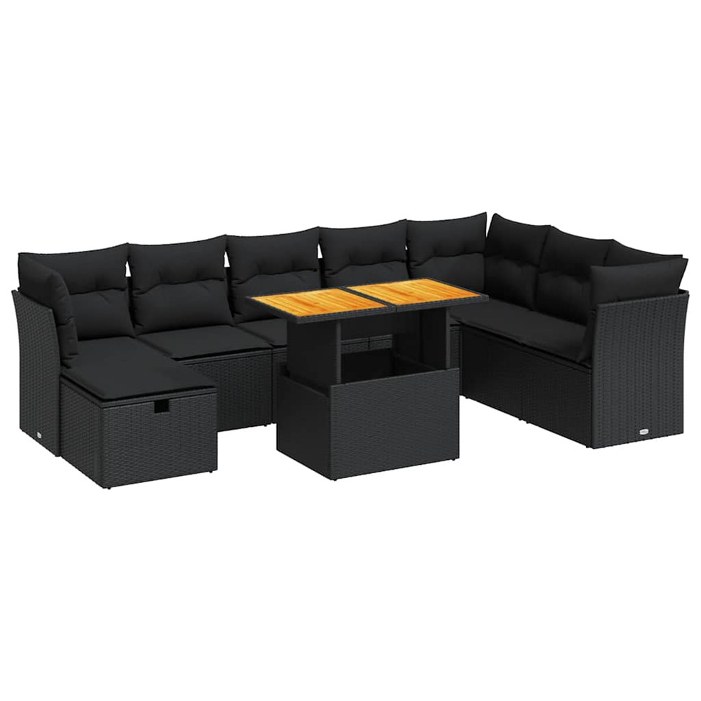Salon de jardin avec coussins 9 pcs noir résine tressée acacia
