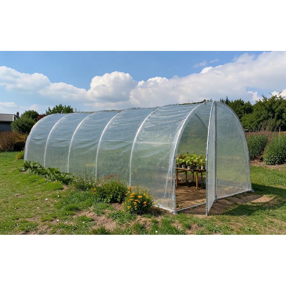 Serre tunnel de jardin - 22m² - 3 x 7,5m - pieds arrondis - polyéthylène haute densité - 2 portes - les serres tonneau