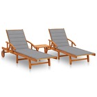 Lot de 2 transats chaise longue bain de soleil lit de jardin terrasse meuble d'extérieur avec table et coussins acacia solide