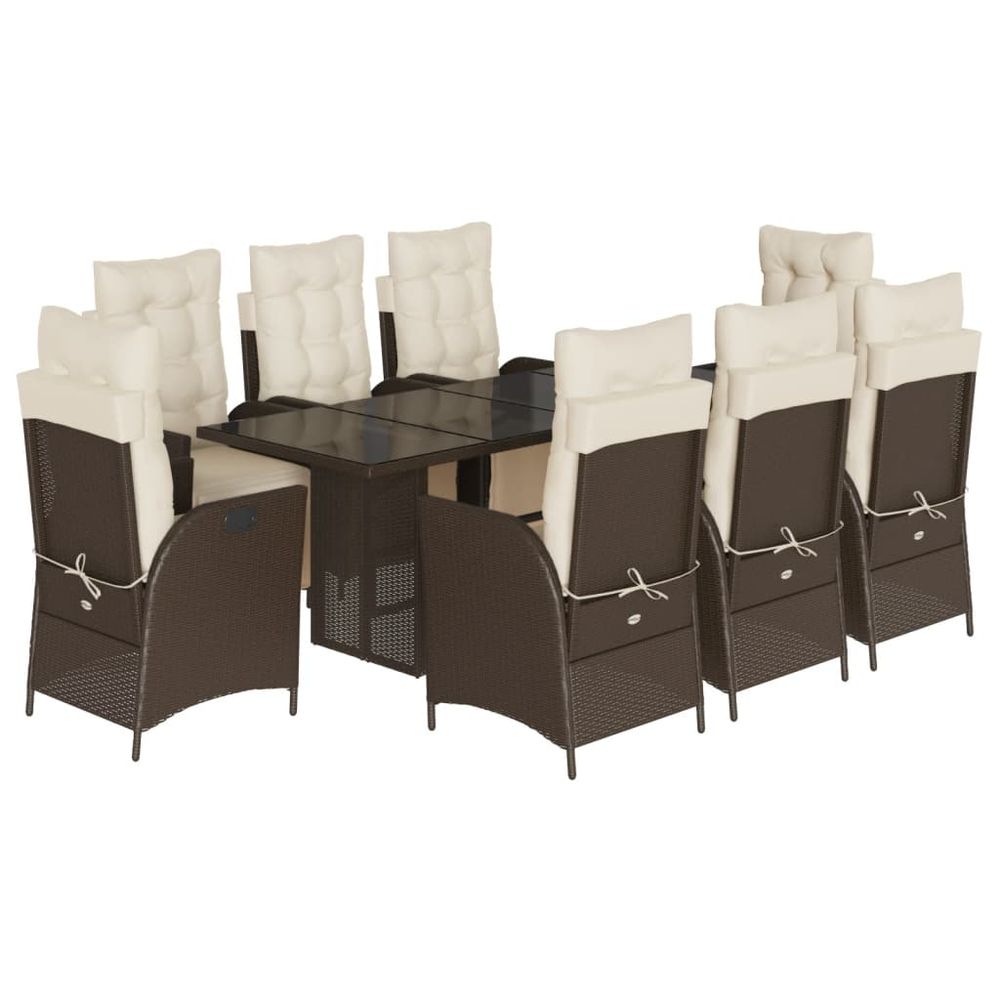 Ensemble à manger de jardin et coussins 9 pcs marron poly rotin