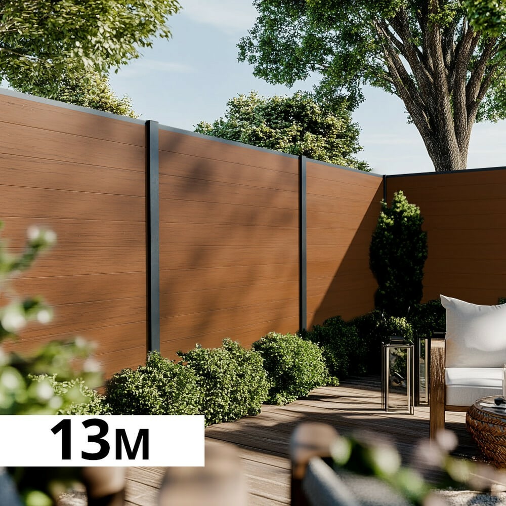 Kit clôture bois composite teck 13x1,8m cruz - poteaux en aluminium gris - brise vue - palissade