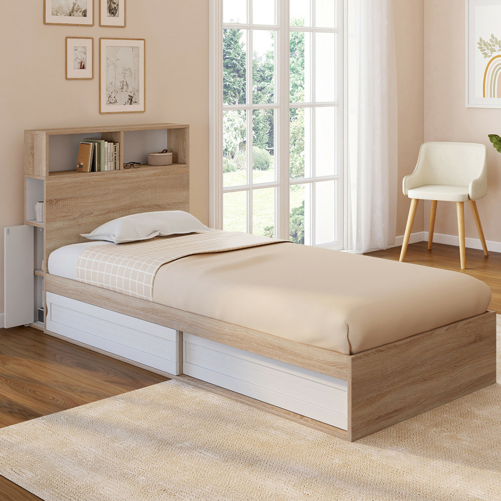 Lit simple clem avec rangement, tête de lit et sommier 90 x 190 cm hêtre et blanc