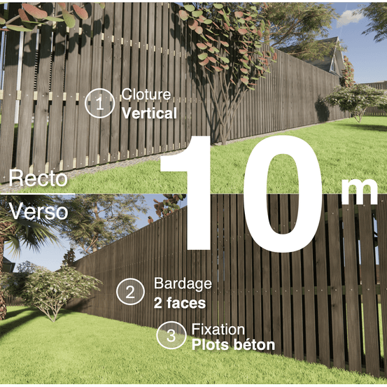 Kit clôture bois moderne 10m – h 1,9m – 20 x 70 mm noir par trempage – pose vertical – double face – à sceller