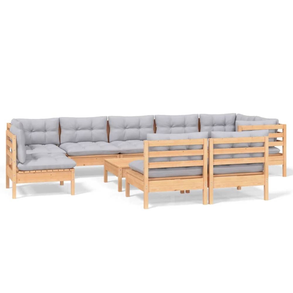 Salon de jardin 10 pcs avec coussins gris bois de pin massif