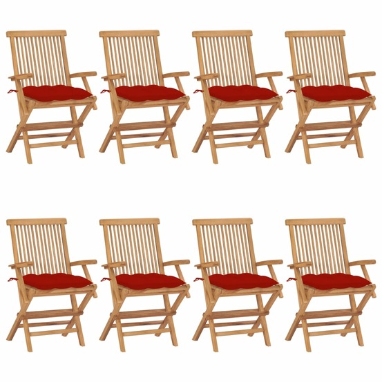 Chaises de jardin avec coussins rouge lot de 8 bois teck massif