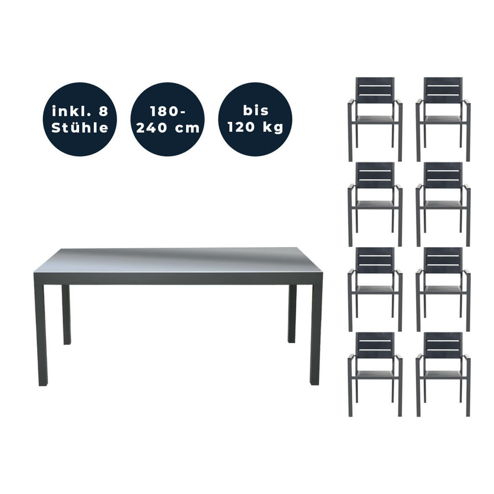 Home deluxe - table de jardin extensible - sol - ca. 180 (240) x 90 x 75 cm - incl. 8 chaises, incl. Accessoires i meuble de jardin