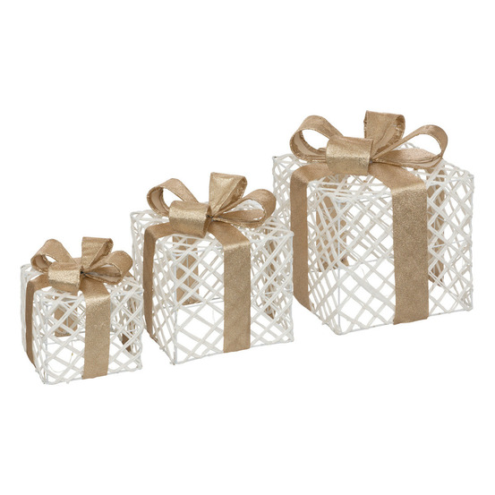 Déco de noël lumineuse lot de 3 paquets cadeaux blancs et ruban champagne