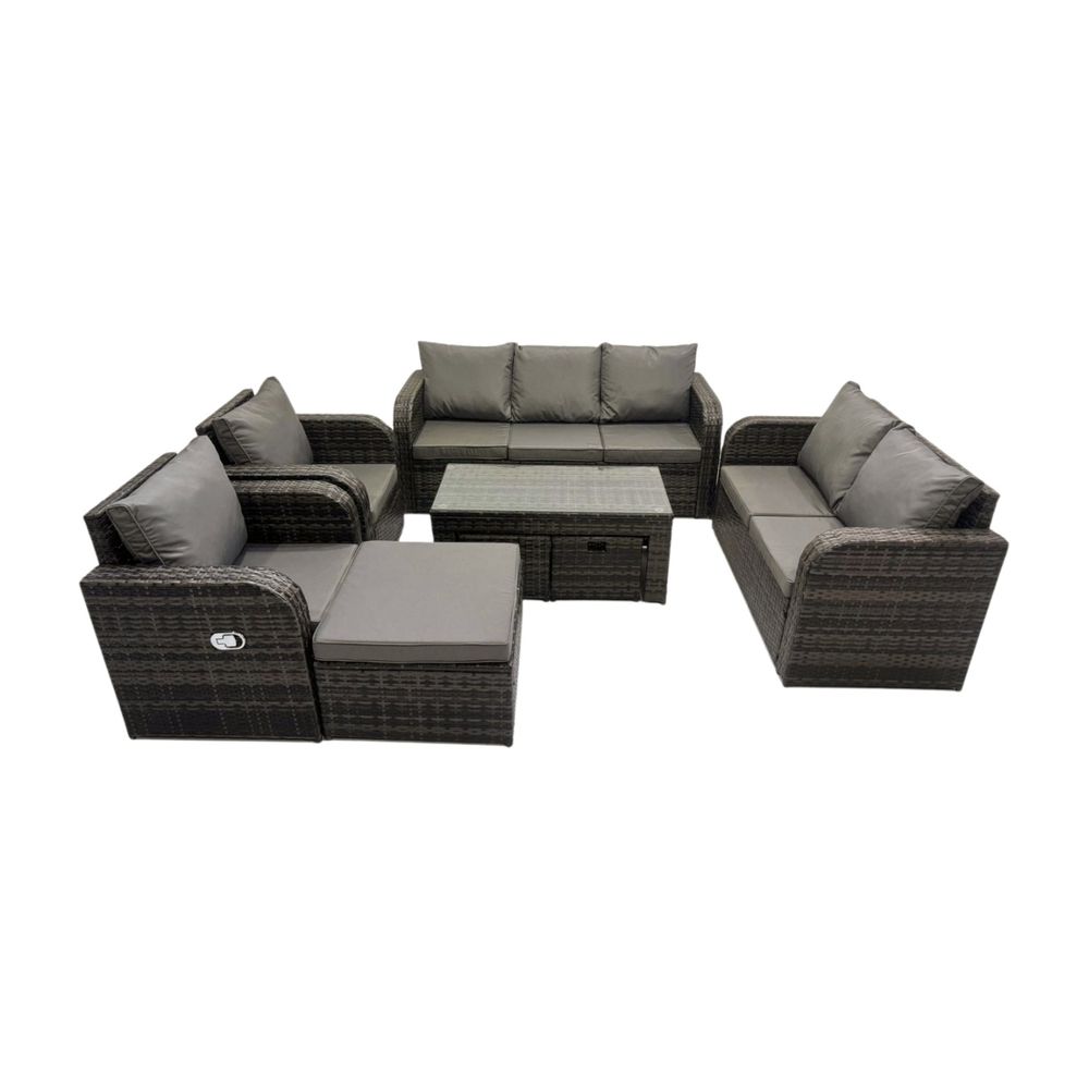 Salon de jardin exterieur ensemble de canapés en rotin avec table basse rectangulaire 3 tabourets gris foncé mixte