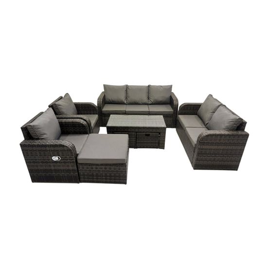 Salon de jardin exterieur ensemble de canapés en rotin avec table basse rectangulaire 3 tabourets gris foncé mixte