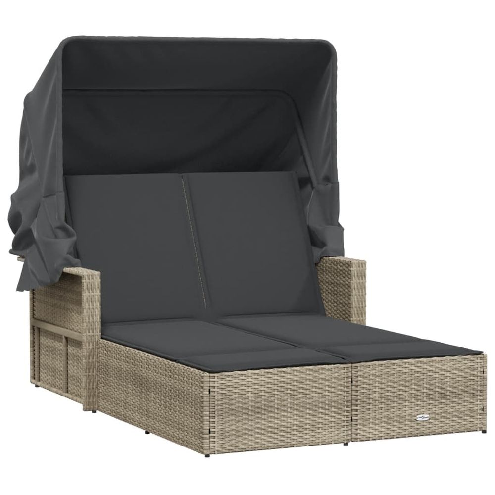 Chaise longue double avec auvent et coussins gris clair rotin