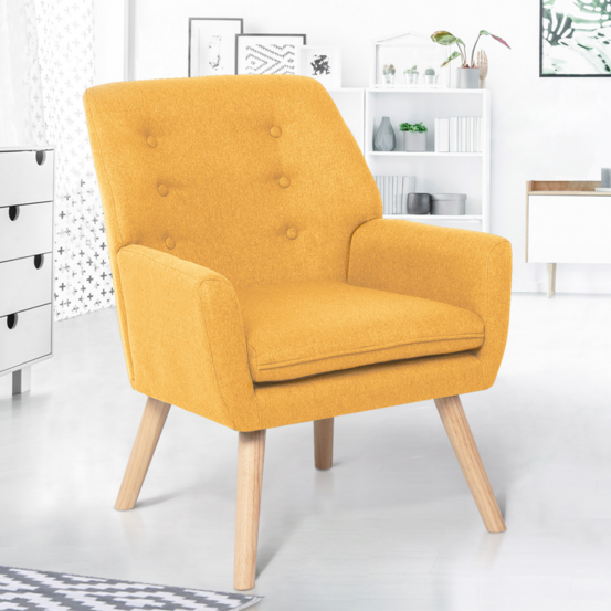 Fauteuil scandinave nat en tissu jaune moutarde