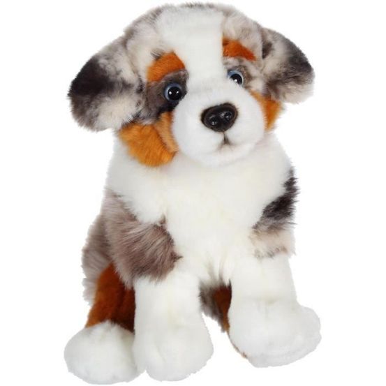 Peluche chien berger australien assis 25 cm - blanc, marron, gris, noir