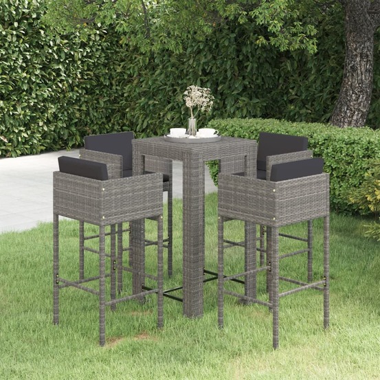 Ensemble de bar de jardin 5 pcs et coussins résine tressée gris