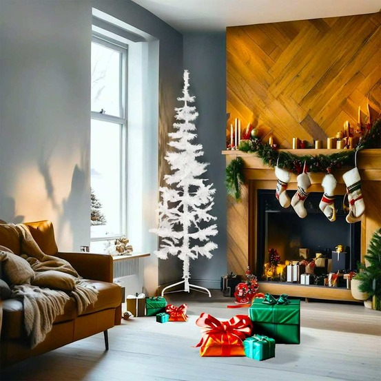 Demi sapin de noël artificiel mince avec support blanc 180 cm