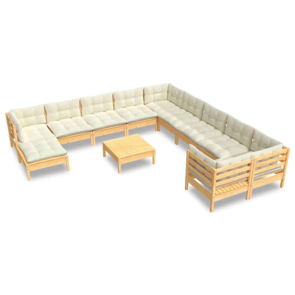Salon de jardin 12 pcs avec coussins crème bois de pin