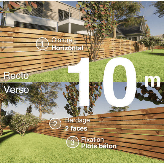 Kit clôture bois moderne 10m – h 0,9m – 20 x 70 mm autoclave marron – pose horizontal – double face – à sceller