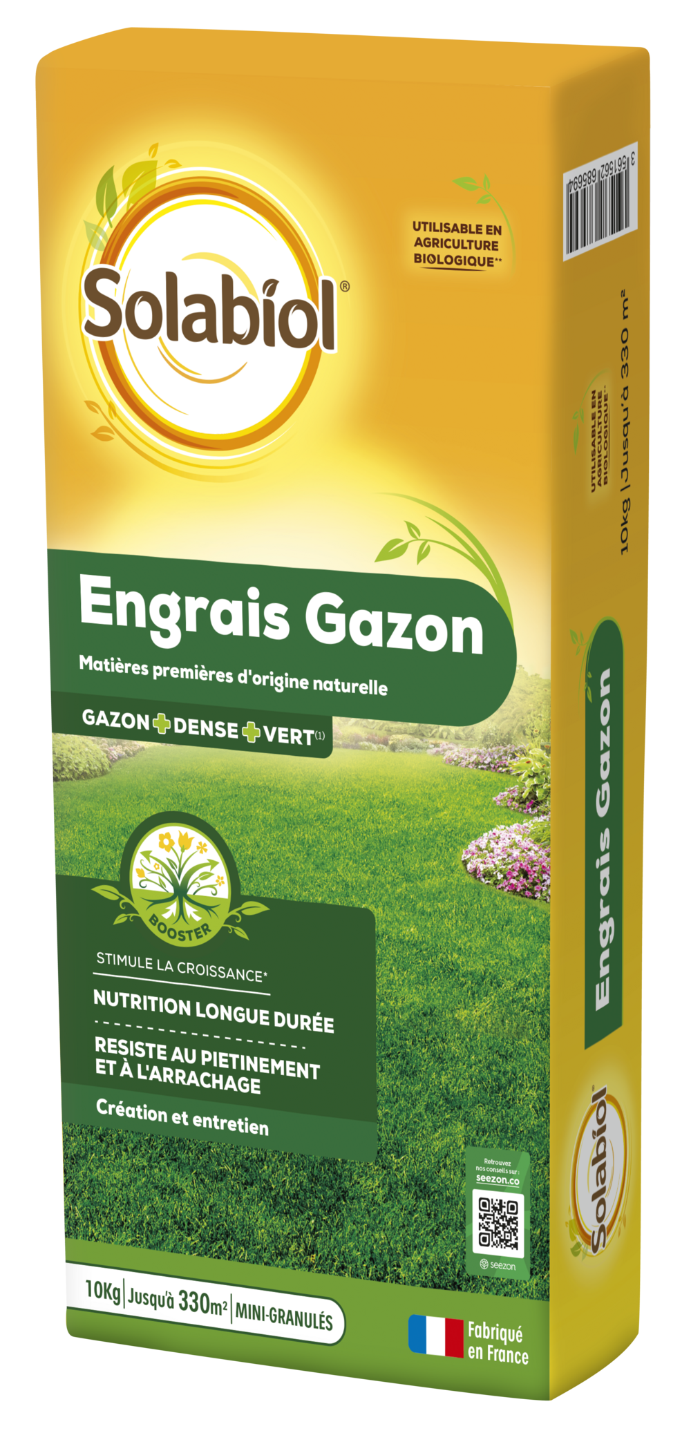 Solabiol engrais gazon 4 en 1 - sac 10 kg - jusqu'à 250m² - nutrion longue durée - effet reverdissant - limite les mauvaises herbes