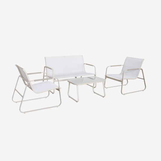 Salon de jardin noto acier, 4 places, un canapé, une table, deux fauteuils textilene