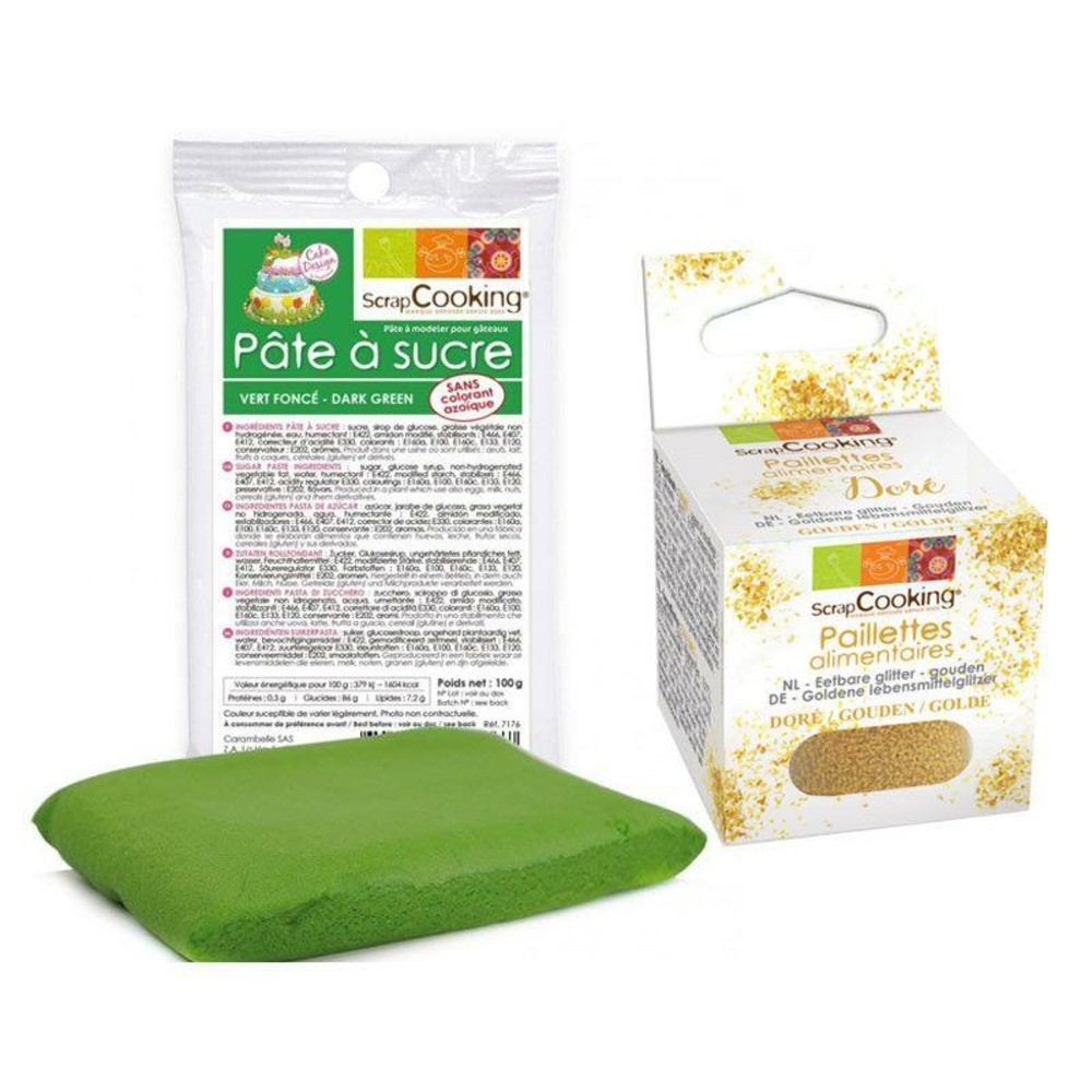 Pâte à sucre vert foncé 100 g + paillettes dorées