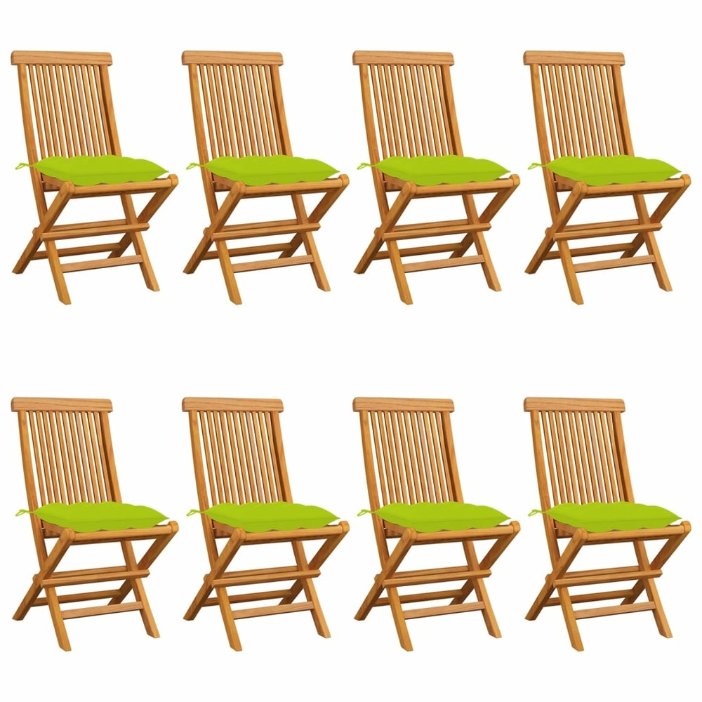 Chaises de jardin avec coussins vert vif 8 pcs teck massif
